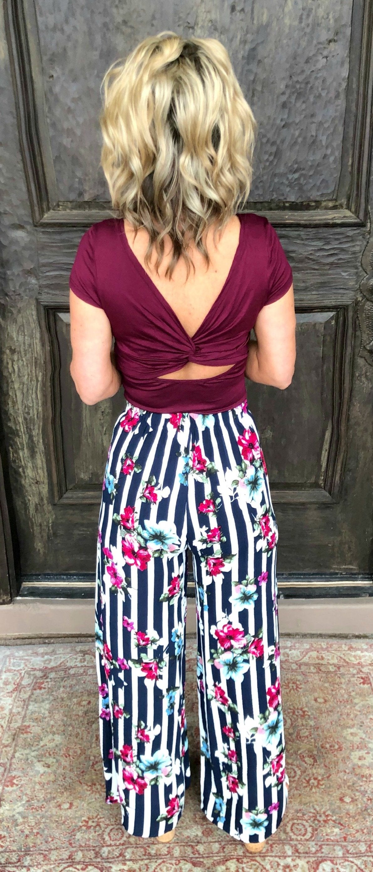 Striped with Floral Pants - Navy-palazzo-privityboutique.com-Privity Boutique, Women’s Fashion Boutique in Mesa, Arizona