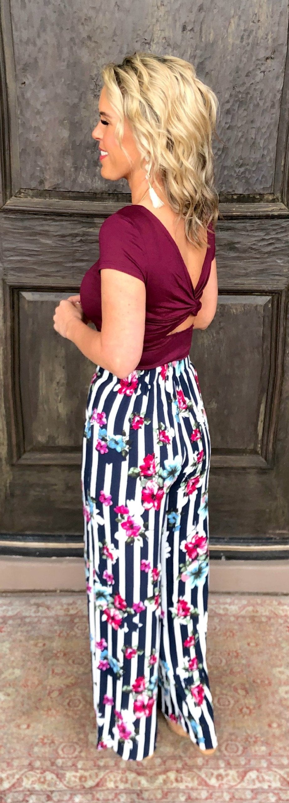 Striped with Floral Pants - Navy-palazzo-privityboutique.com-Privity Boutique, Women’s Fashion Boutique in Mesa, Arizona