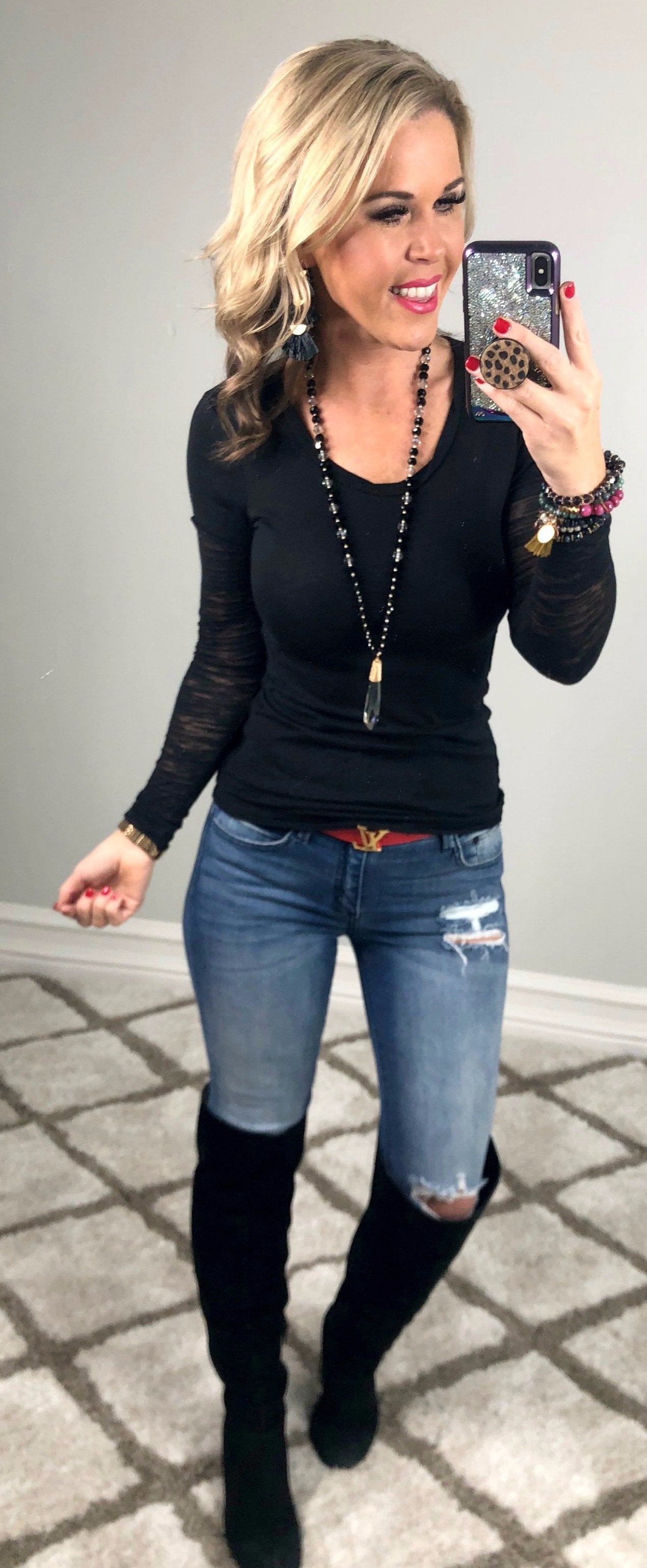 Basic Crew Neck Burnout Sleeves: Black-Top-privityboutique.com-Privity Boutique, Women’s Fashion Boutique in Mesa, Arizona