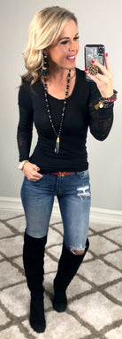 Basic Crew Neck Burnout Sleeves: Black-Top-privityboutique.com-Privity Boutique, Women’s Fashion Boutique in Mesa, Arizona