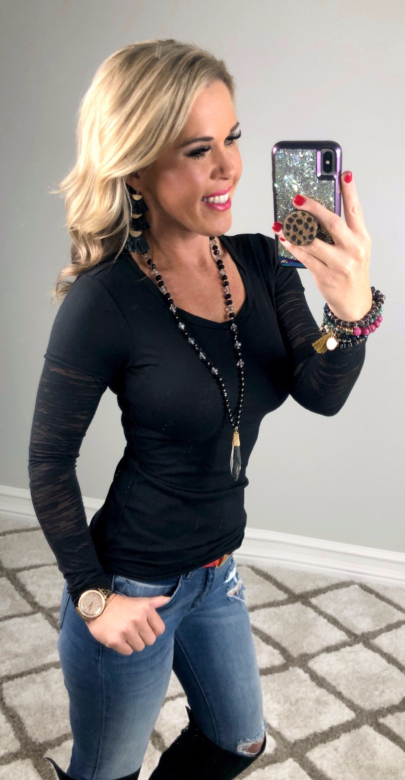 Basic Crew Neck Burnout Sleeves: Black-Top-privityboutique.com-Privity Boutique, Women’s Fashion Boutique in Mesa, Arizona