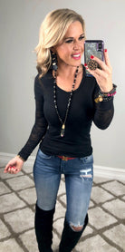Basic Crew Neck Burnout Sleeves: Black-Top-privityboutique.com-Privity Boutique, Women’s Fashion Boutique in Mesa, Arizona