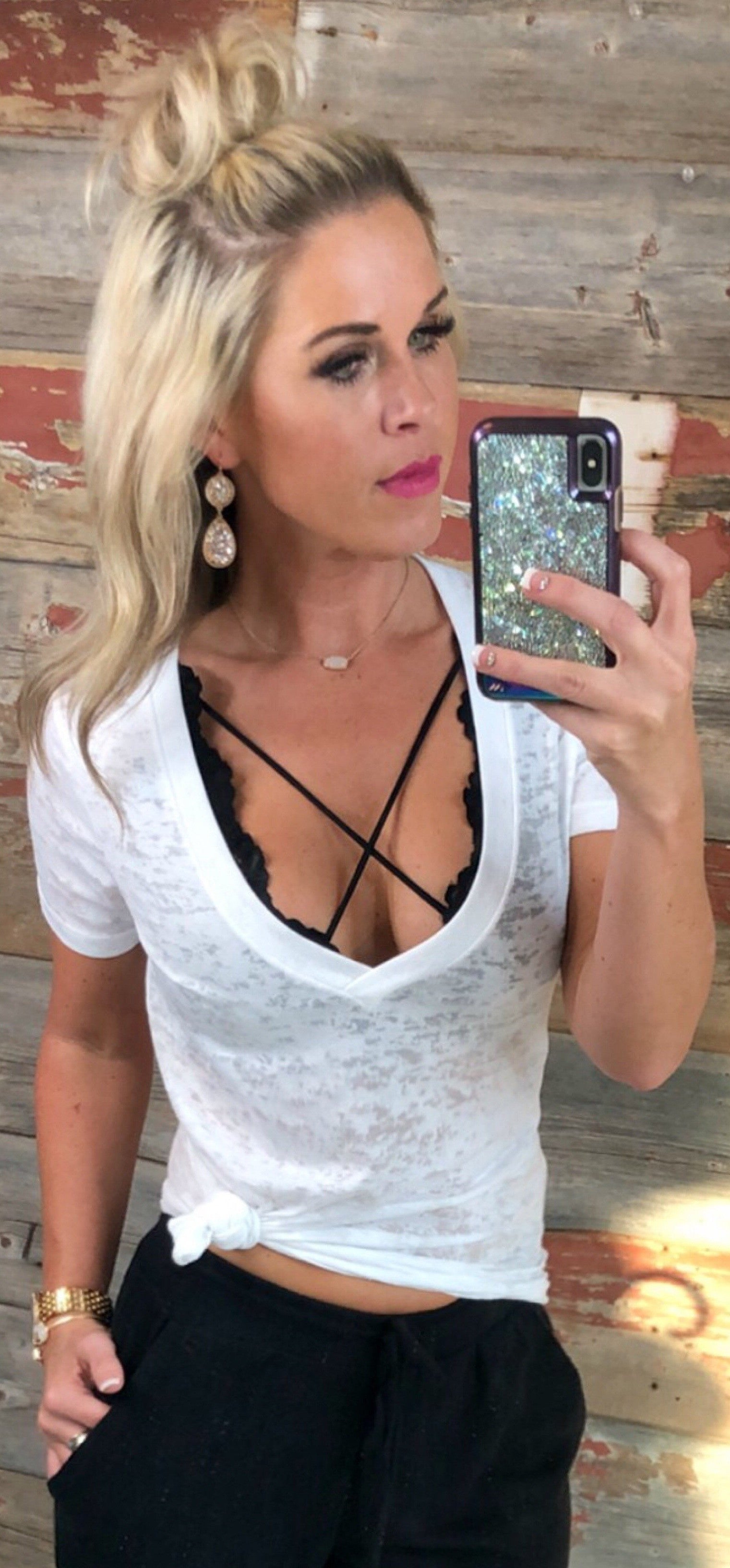 BASIC BURNOUT DEEP V-NECK TEE - WHITE-Top-privityboutique.com-Privity Boutique, Women’s Fashion Boutique in Mesa, Arizona