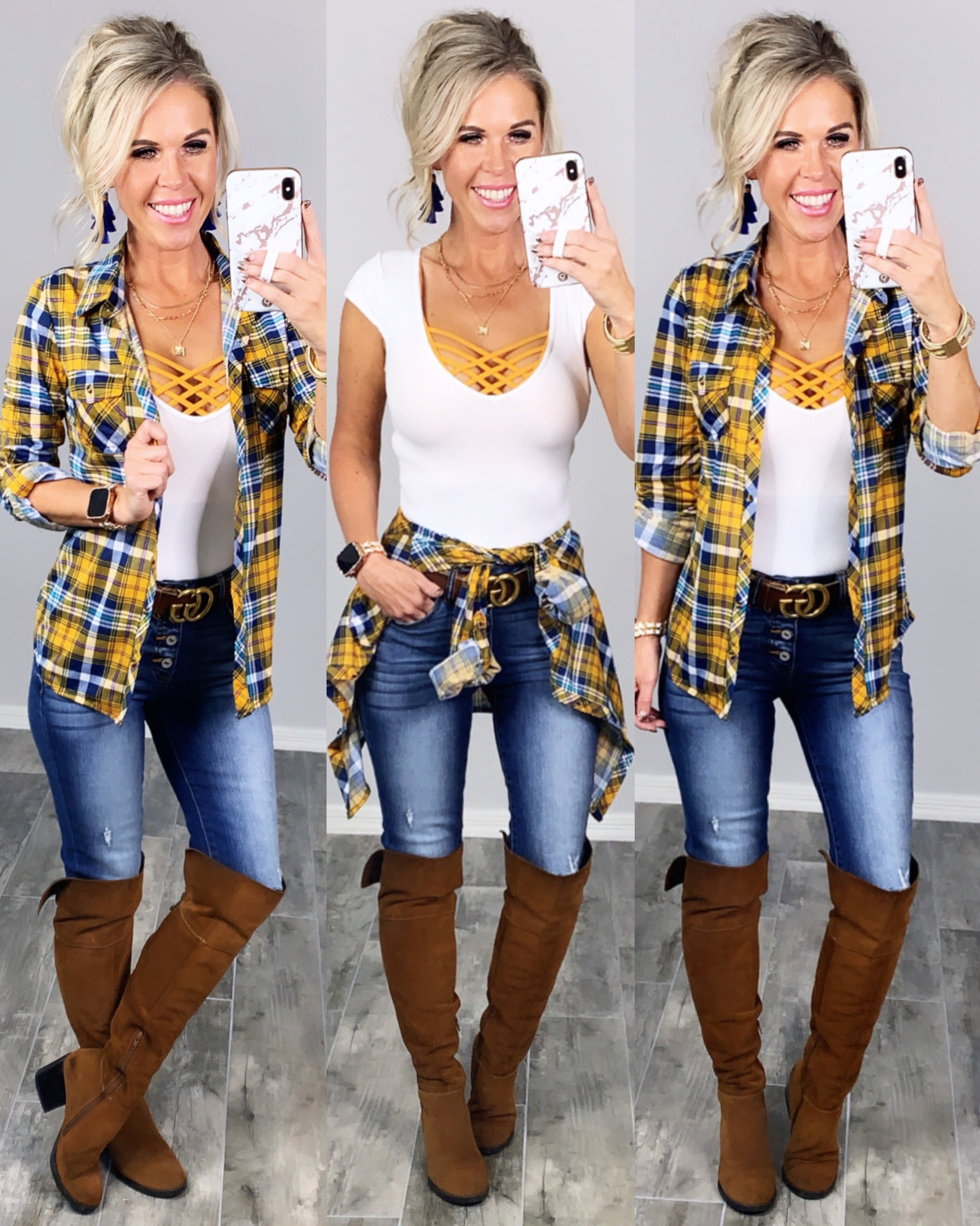 Penny Plaid Flannel Top - Mustard/Navy-flannel-privityboutique-Privity Boutique, Women’s Fashion Boutique in Mesa, Arizona