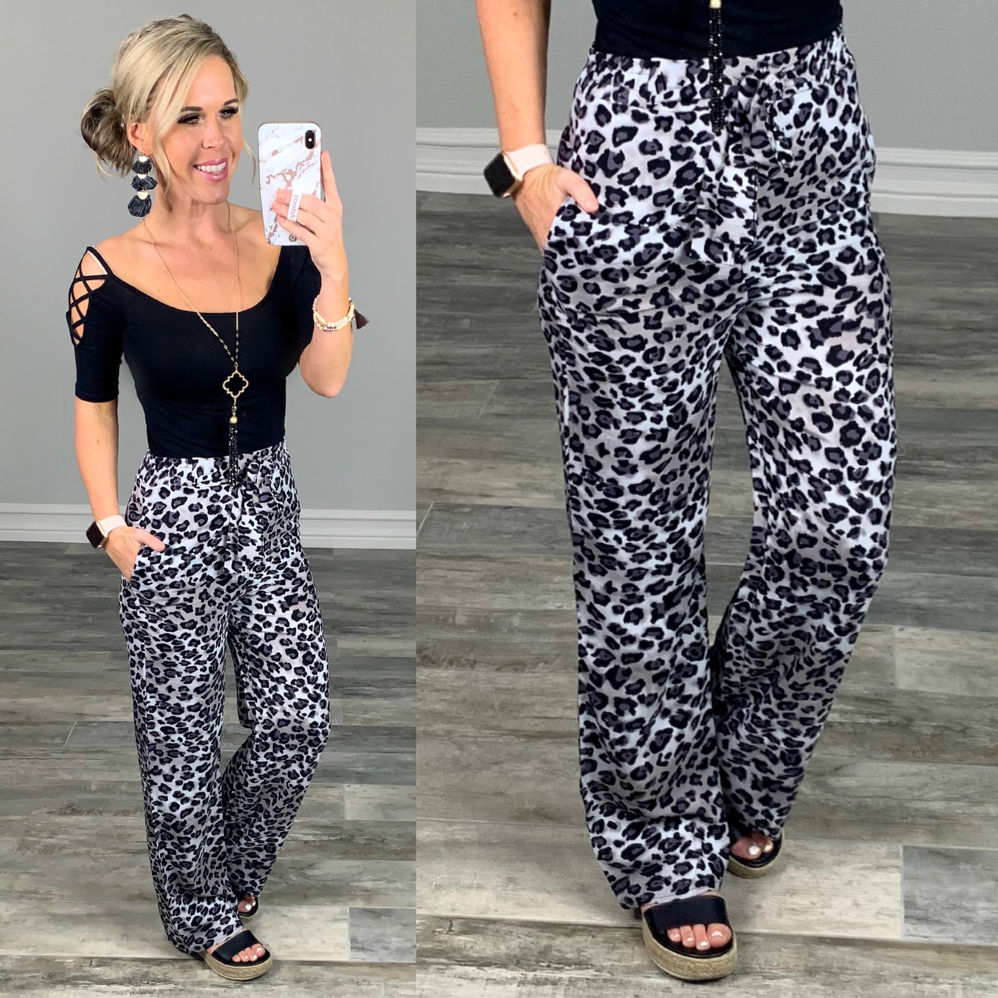 Leopard Pants - Grey-palazzo-privityboutique.com-Privity Boutique, Women’s Fashion Boutique in Mesa, Arizona