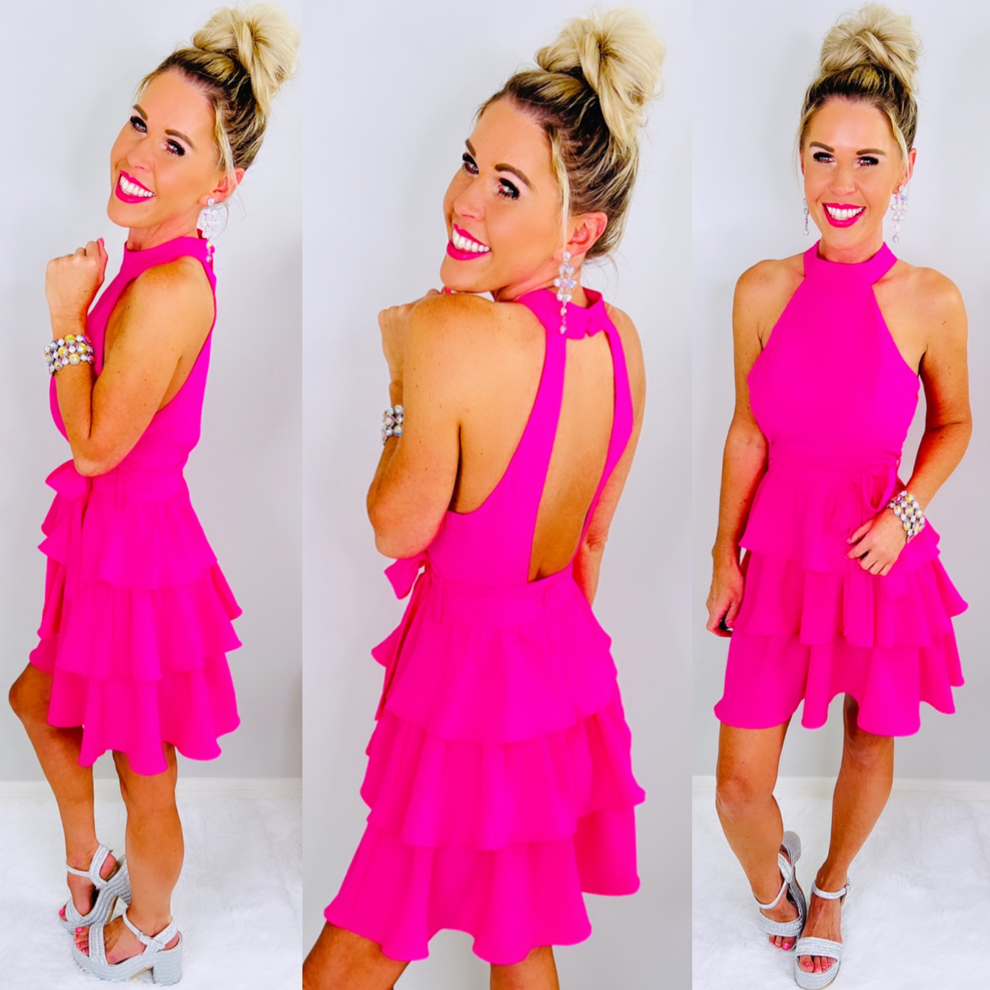 Hot Pink Ruffle Open Back Dress-Dress-privityboutique.com-Privity Boutique, Women’s Fashion Boutique in Mesa, Arizona