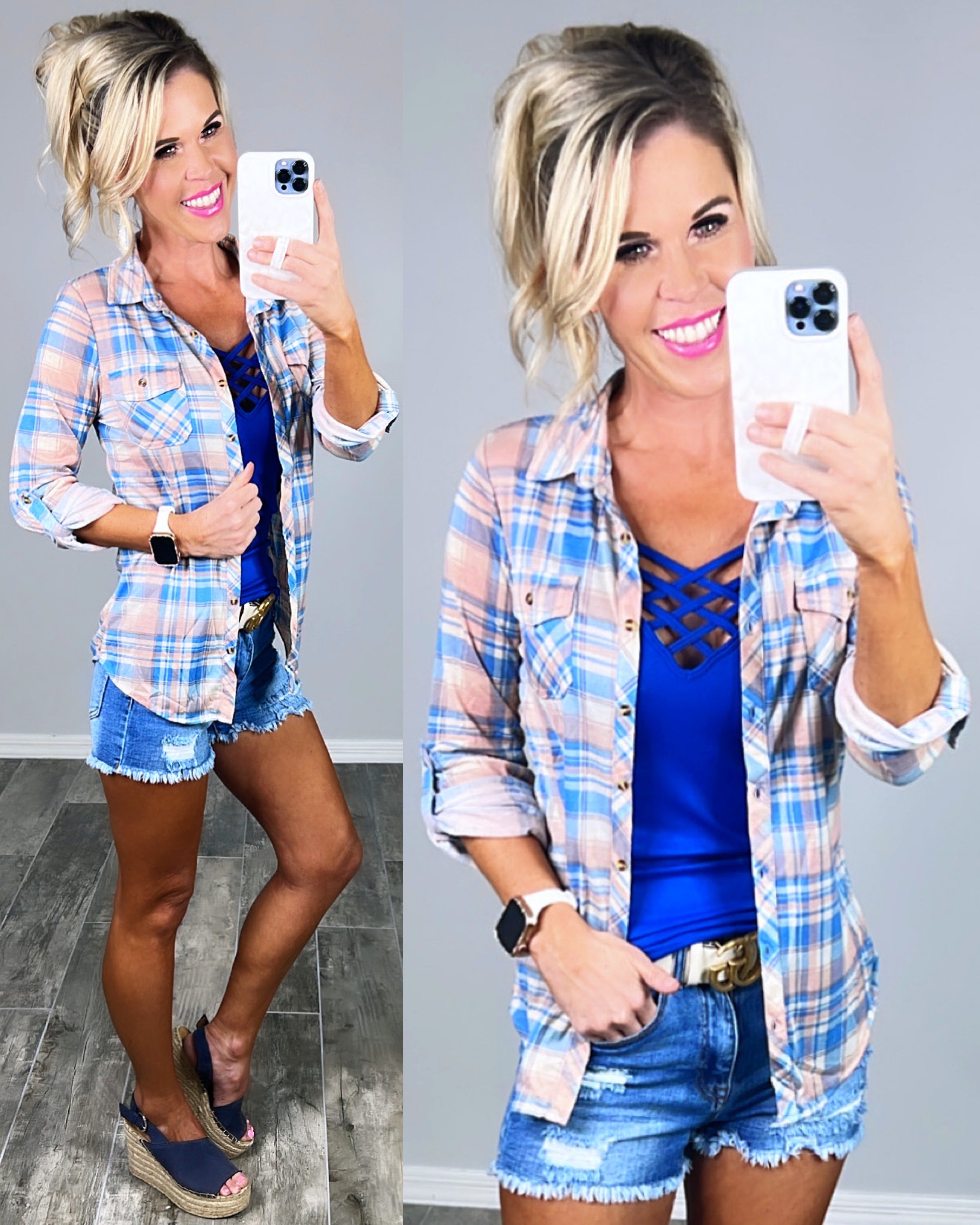 Penny Plaid Flannel Top - Blue/Rose-flannel-privityboutique-Privity Boutique, Women’s Fashion Boutique in Mesa, Arizona