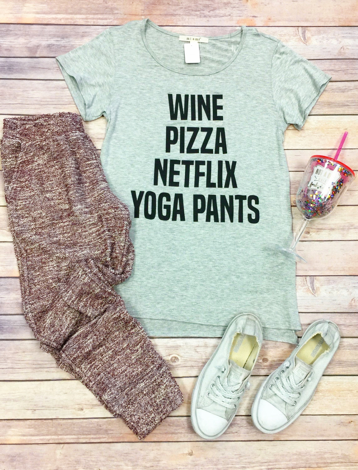 Pizza Netflix Yoga Pants: Grey-Top-privityboutique.com-Privity Boutique, Women’s Fashion Boutique in Mesa, Arizona