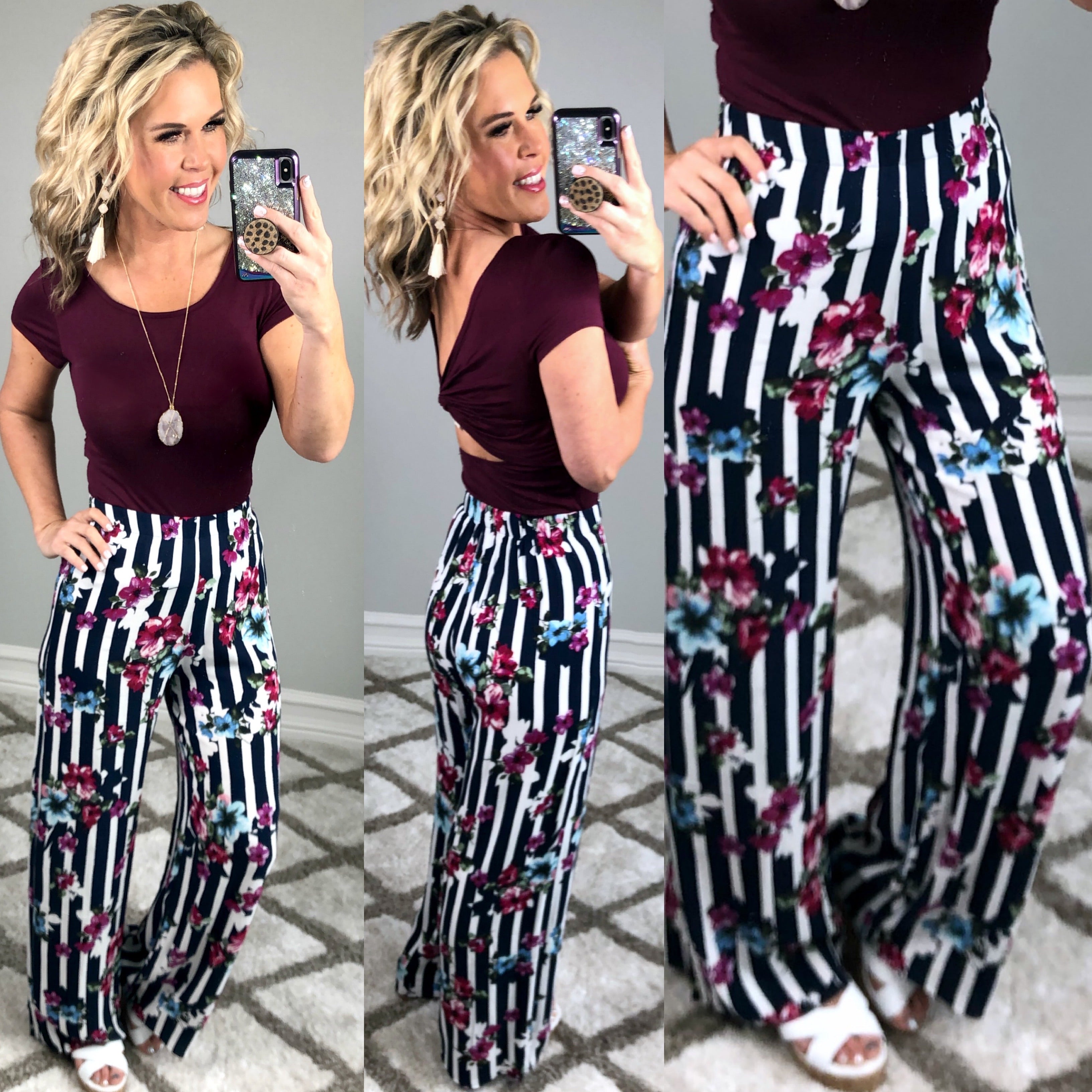 Striped with Floral Pants - Navy-palazzo-privityboutique.com-Privity Boutique, Women’s Fashion Boutique in Mesa, Arizona