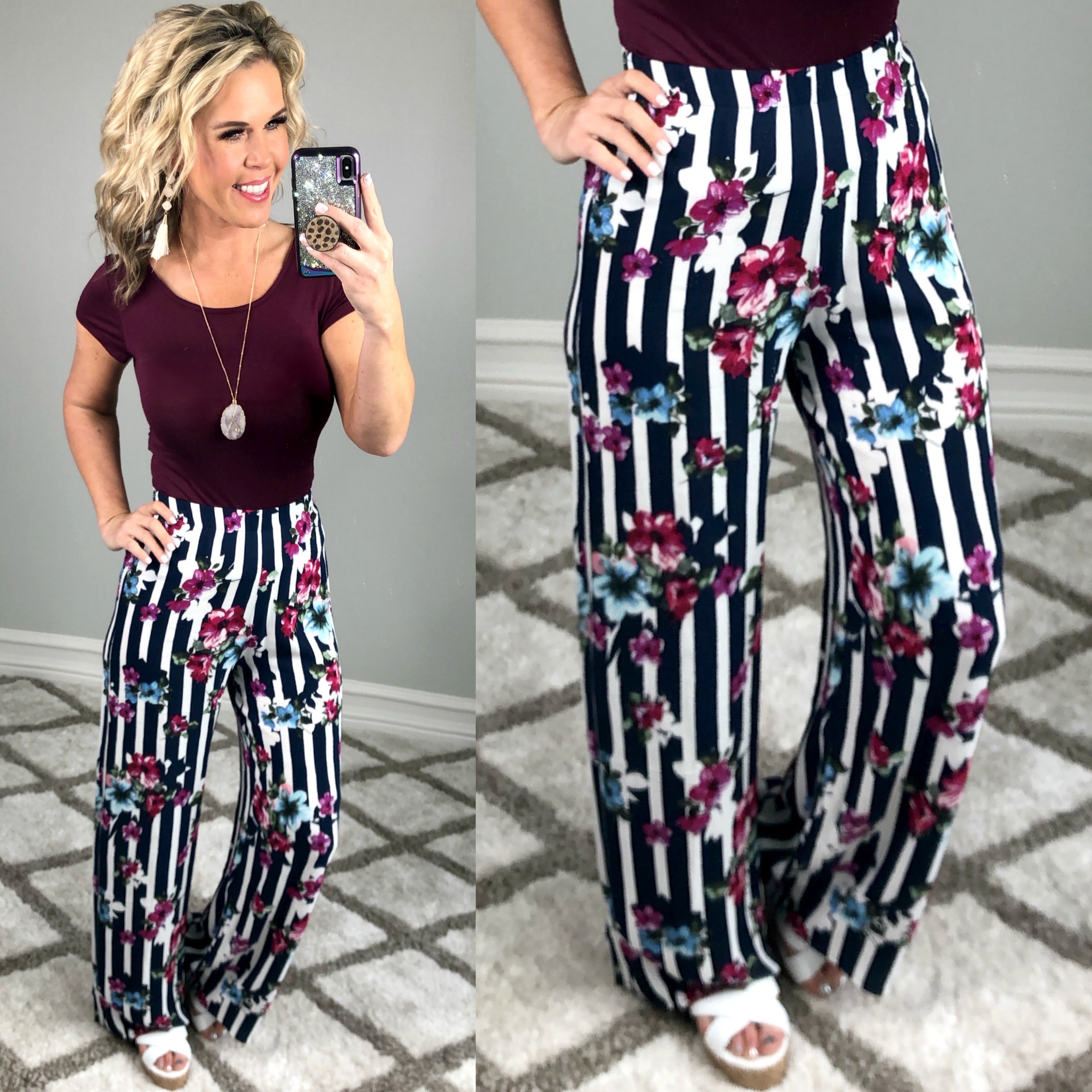 Striped with Floral Pants - Navy-palazzo-privityboutique.com-Privity Boutique, Women’s Fashion Boutique in Mesa, Arizona