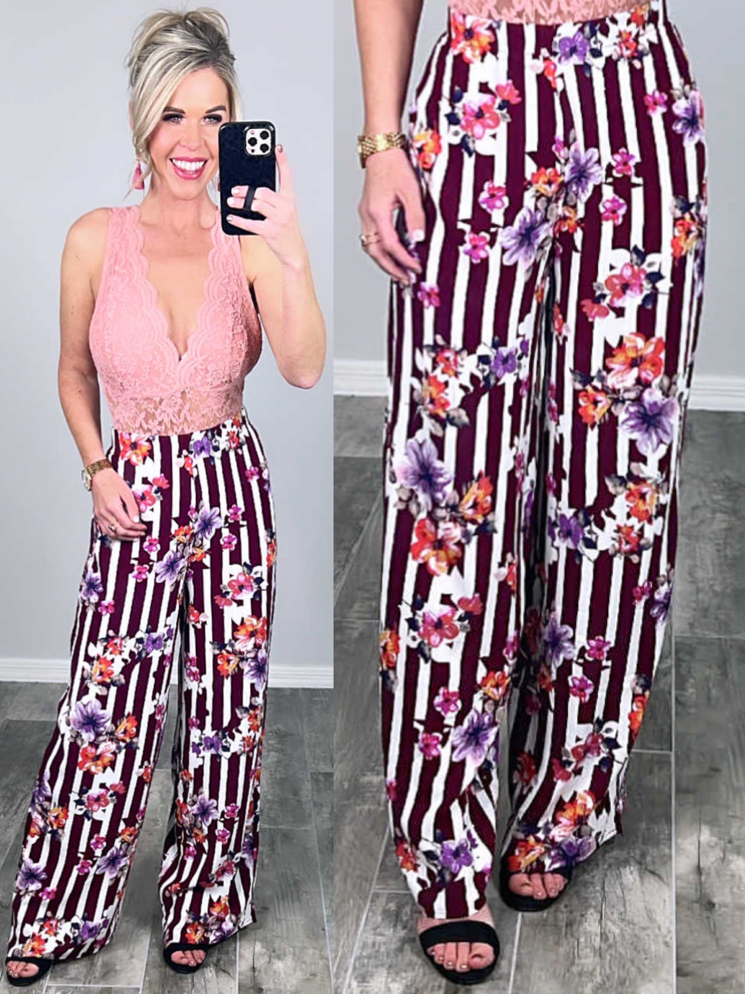 Striped with Floral Pants - Burgundy-palazzo-privityboutique.com-Privity Boutique, Women’s Fashion Boutique in Mesa, Arizona