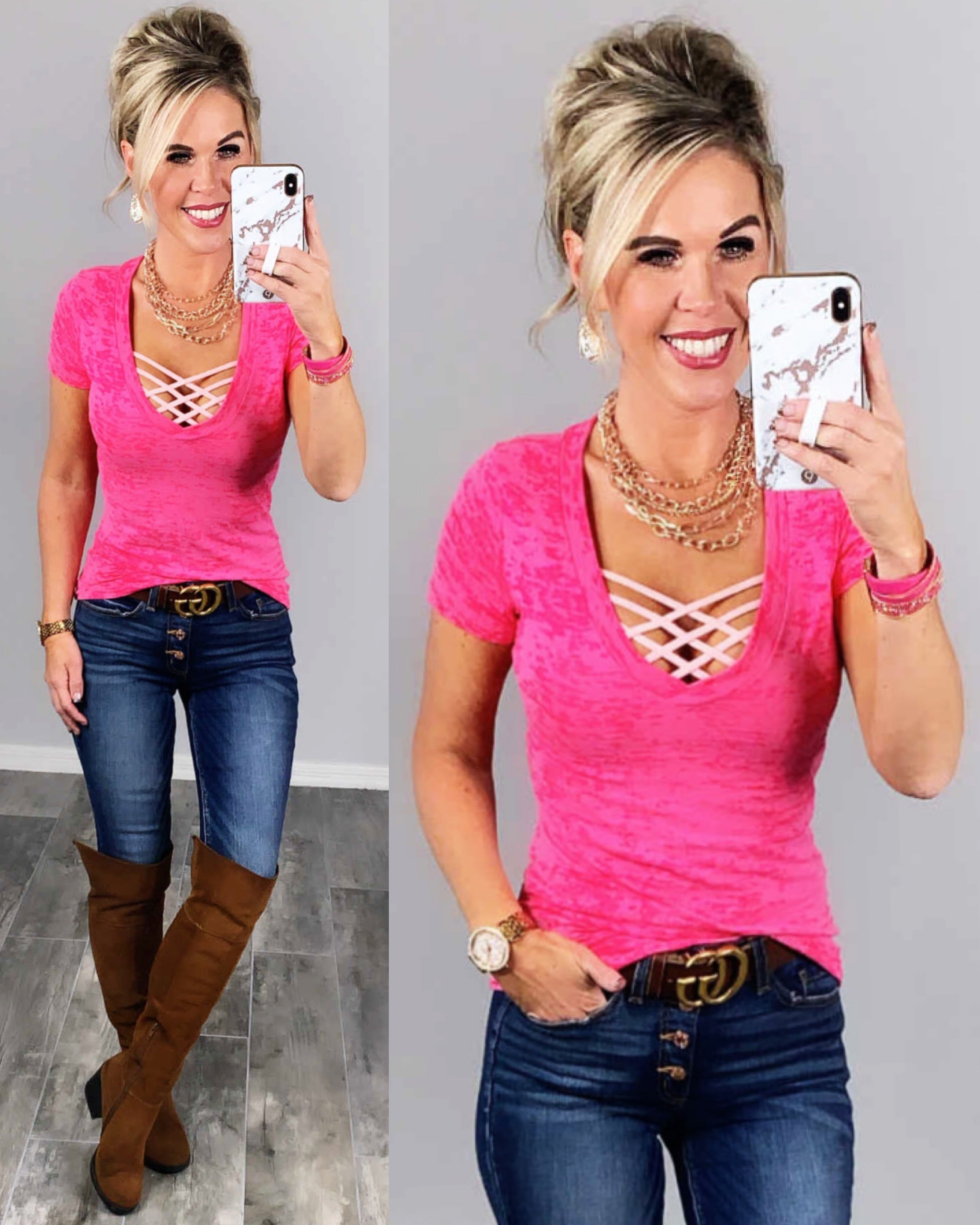 BASIC BURNOUT DEEP V-NECK TEE - FUSCHIA-Top-privityboutique.com-Privity Boutique, Women’s Fashion Boutique in Mesa, Arizona