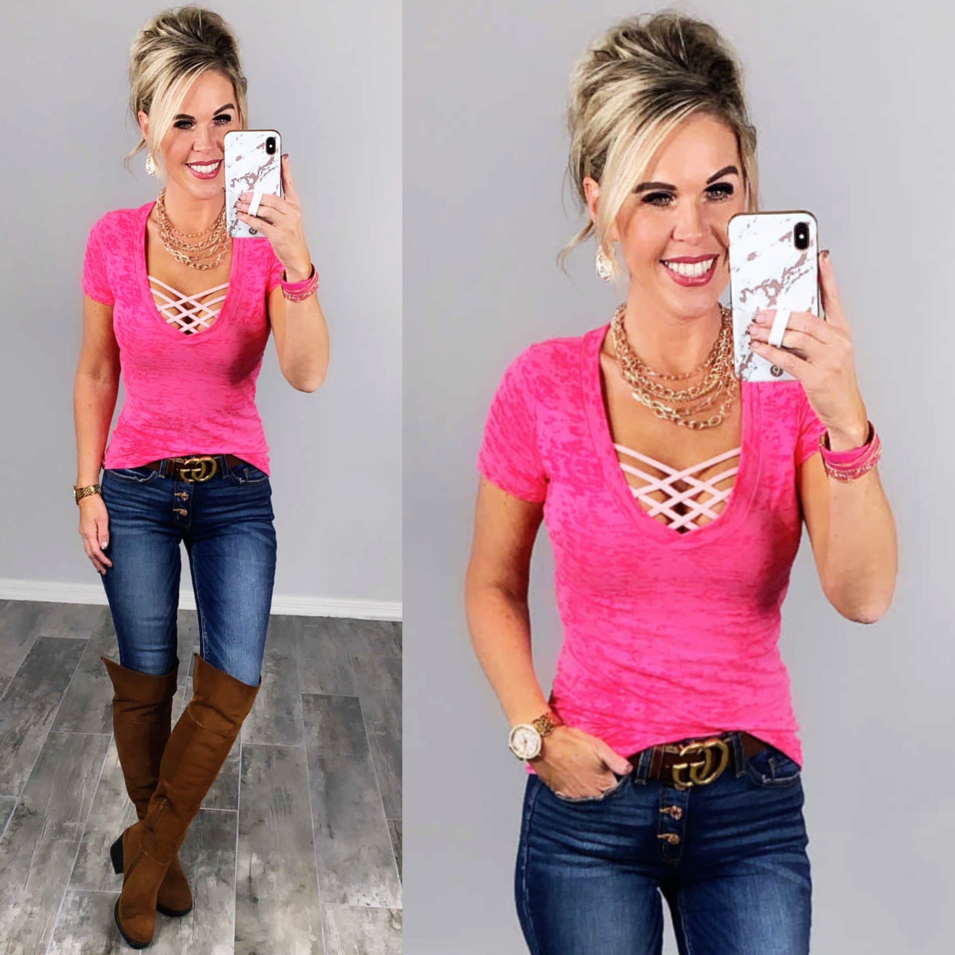 BASIC BURNOUT DEEP V-NECK TEE - FUSCHIA-Top-privityboutique.com-Privity Boutique, Women’s Fashion Boutique in Mesa, Arizona