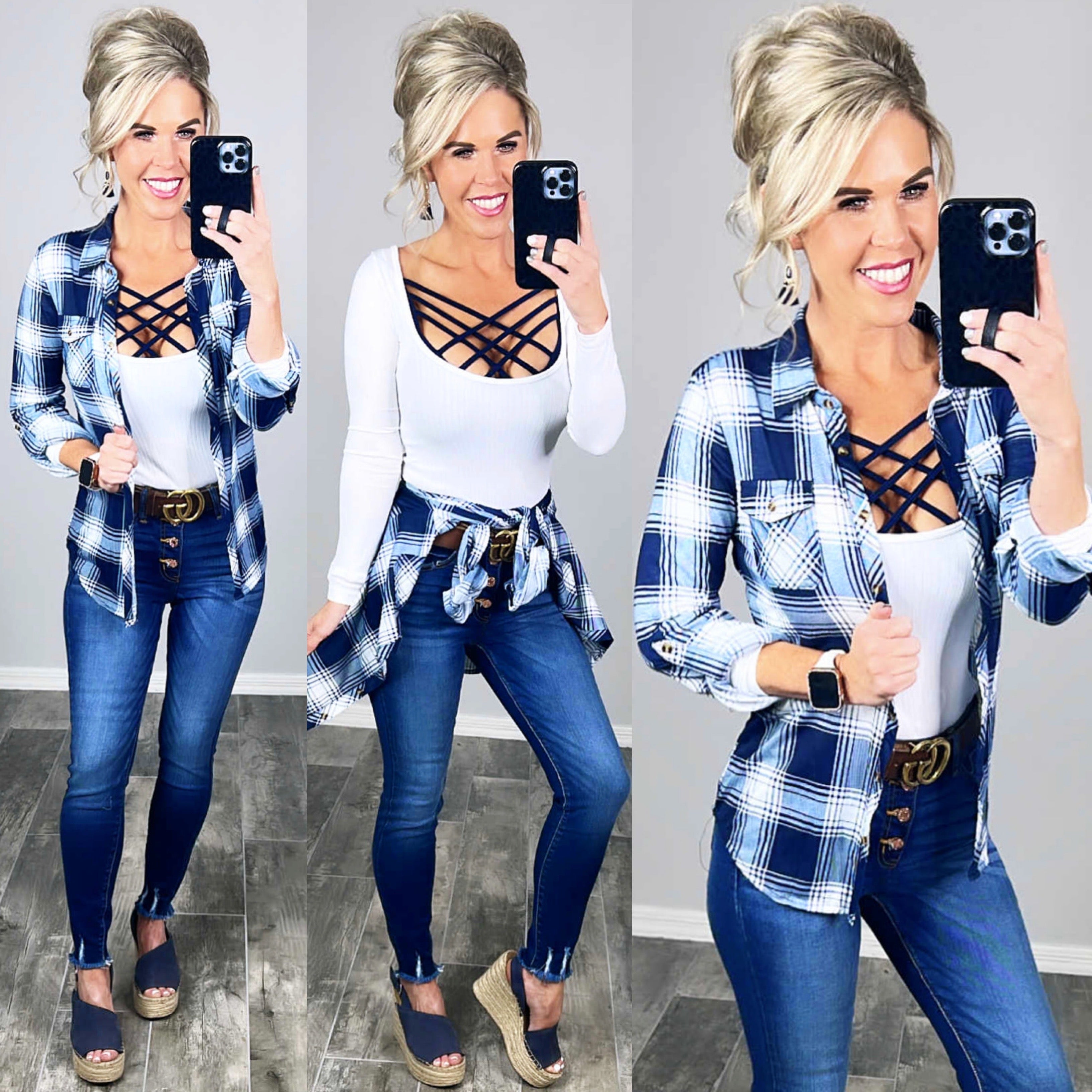 Penny Plaid Flannel Top - Navy/White-Top-privityboutique-Privity Boutique, Women’s Fashion Boutique in Mesa, Arizona