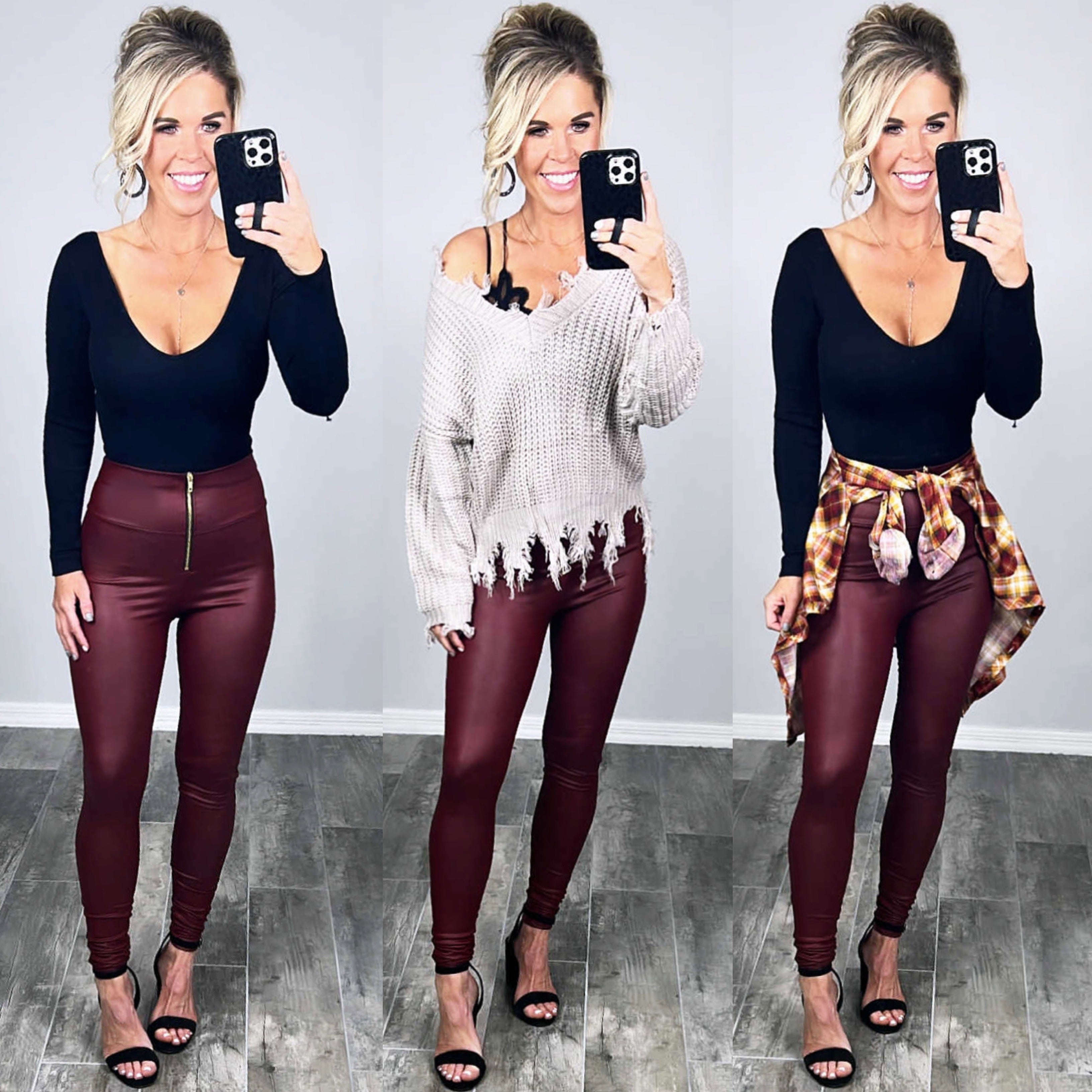 Zip Front Faux Leather Leggings - Burgundy-Leggings-privityboutique-Privity Boutique, Women’s Fashion Boutique in Mesa, Arizona