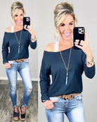 Raw Hem Off The Shoulder - Indigo-Top-privityboutique.com-Privity Boutique, Women’s Fashion Boutique in Mesa, Arizona