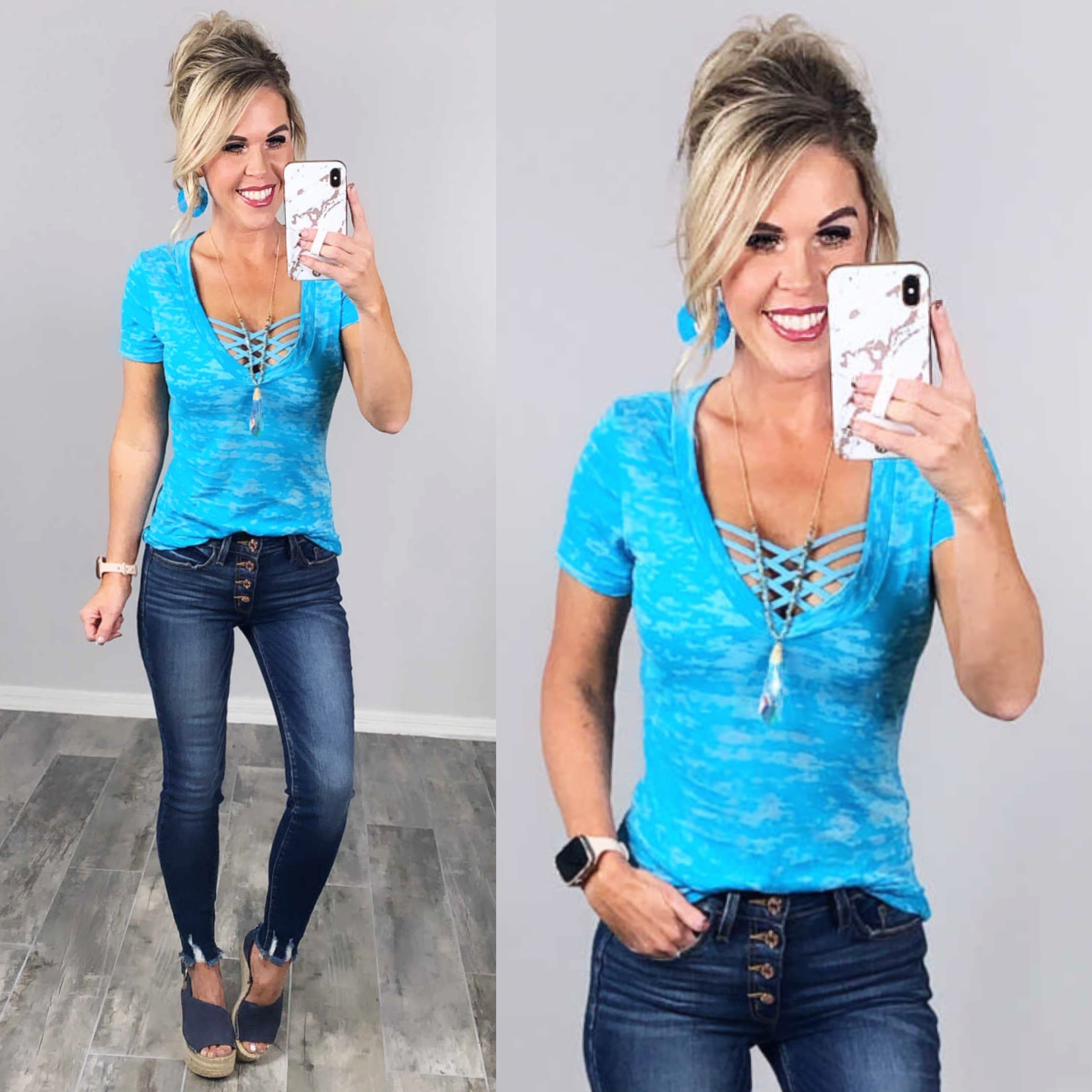 BASIC BURNOUT DEEP V-NECK TEE - SKY BLUE-Top-privityboutique.com-Privity Boutique, Women’s Fashion Boutique in Mesa, Arizona