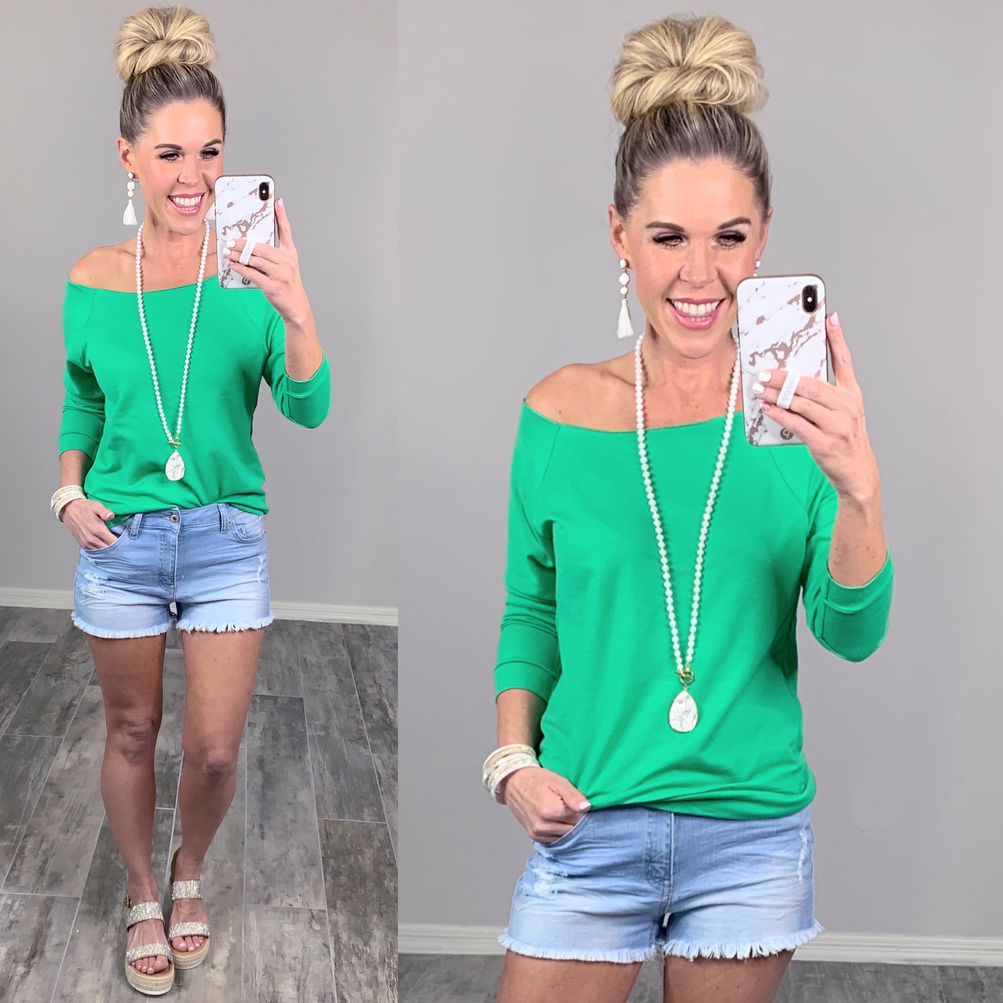 Raw Hem Off The Shoulder - Green-Top-privityboutique.com-Privity Boutique, Women’s Fashion Boutique in Mesa, Arizona