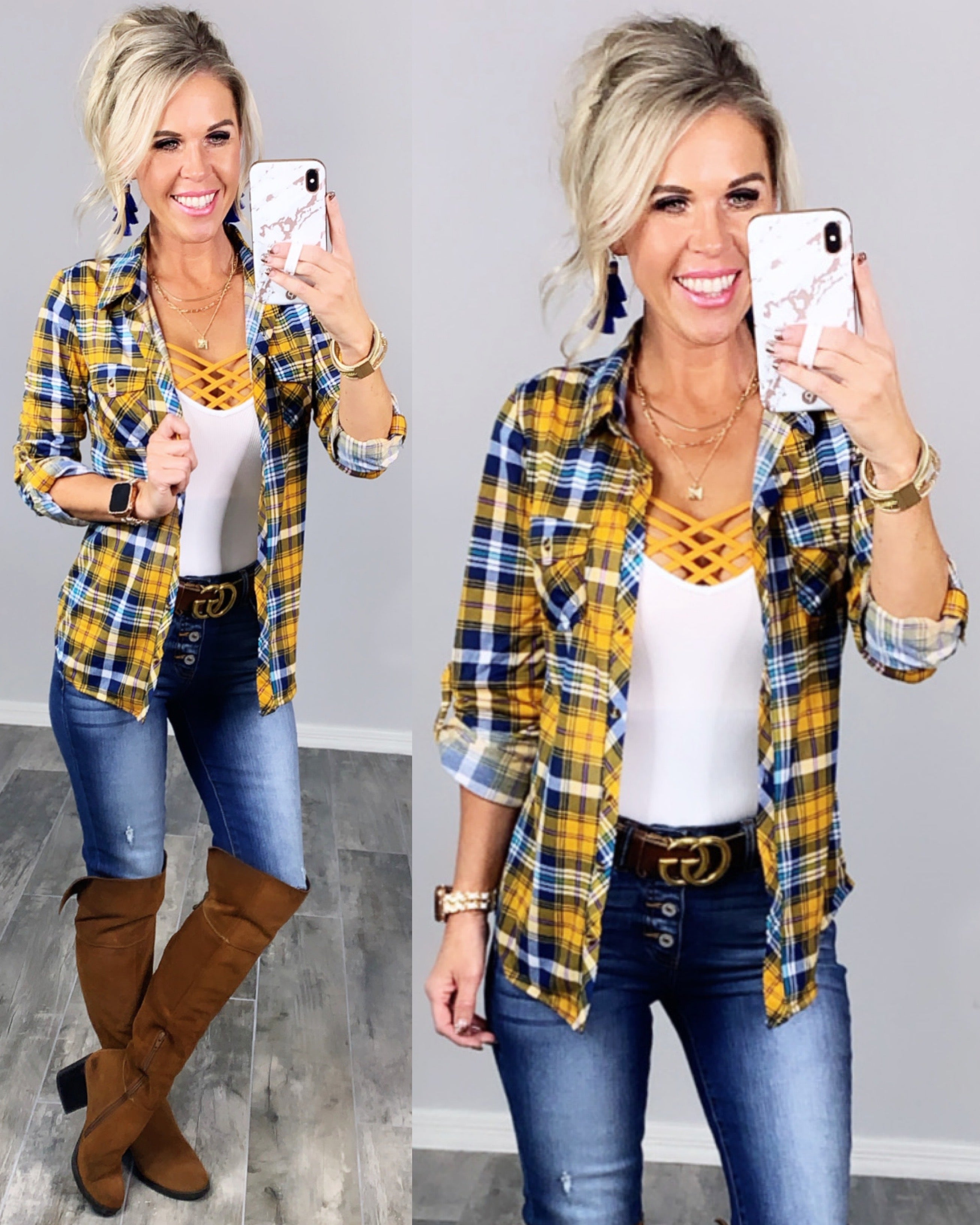 Penny Plaid Flannel Top - Mustard/Navy-flannel-privityboutique-Privity Boutique, Women’s Fashion Boutique in Mesa, Arizona