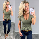 BASIC SHORT SLEEVE DEEP V-NECK TEE - OLIVE-Top-privityboutique.com-Privity Boutique, Women’s Fashion Boutique in Mesa, Arizona