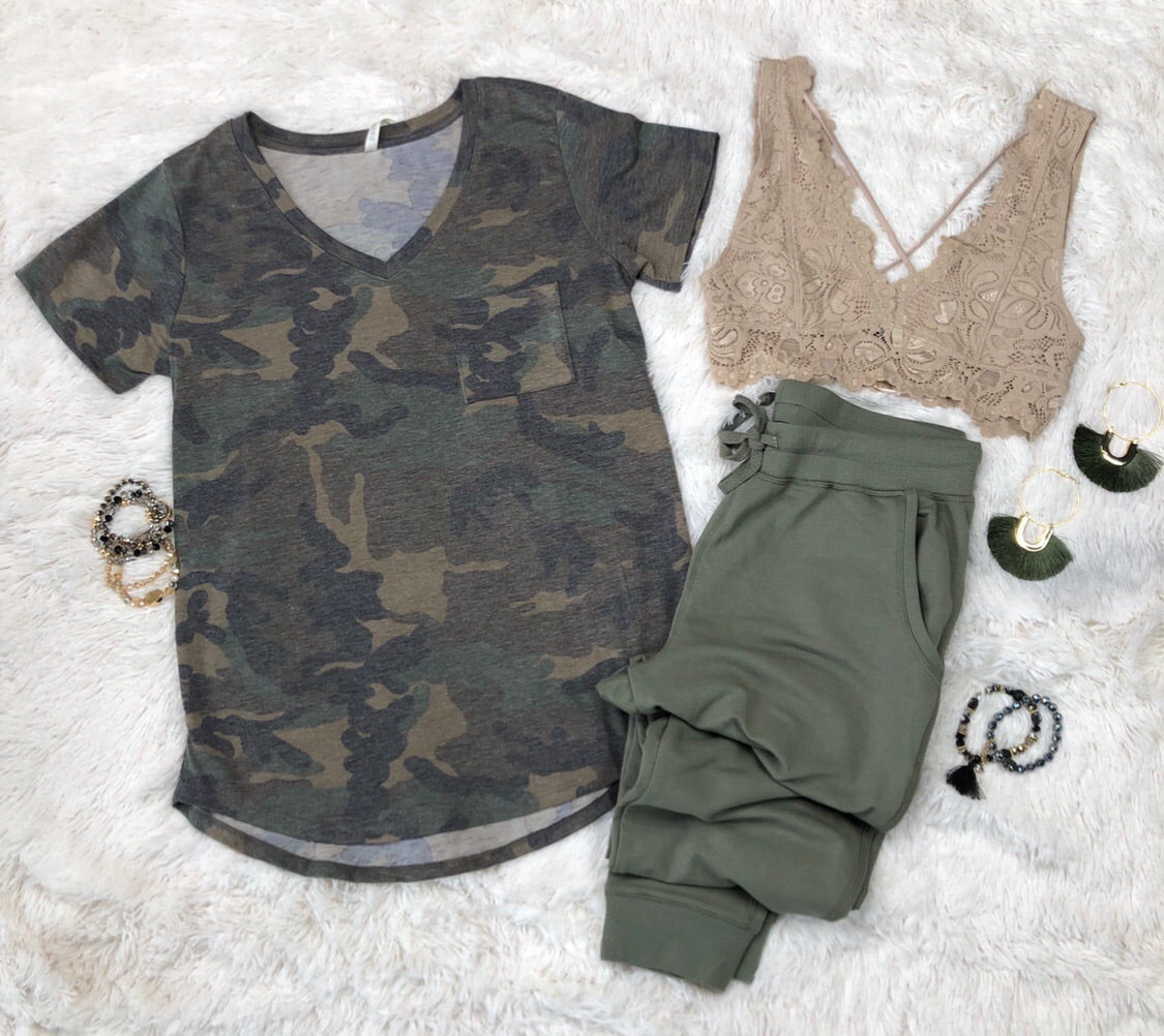 Casual in Camo Top: Olive-Top-privityboutique.com-Privity Boutique, Women’s Fashion Boutique in Mesa, Arizona