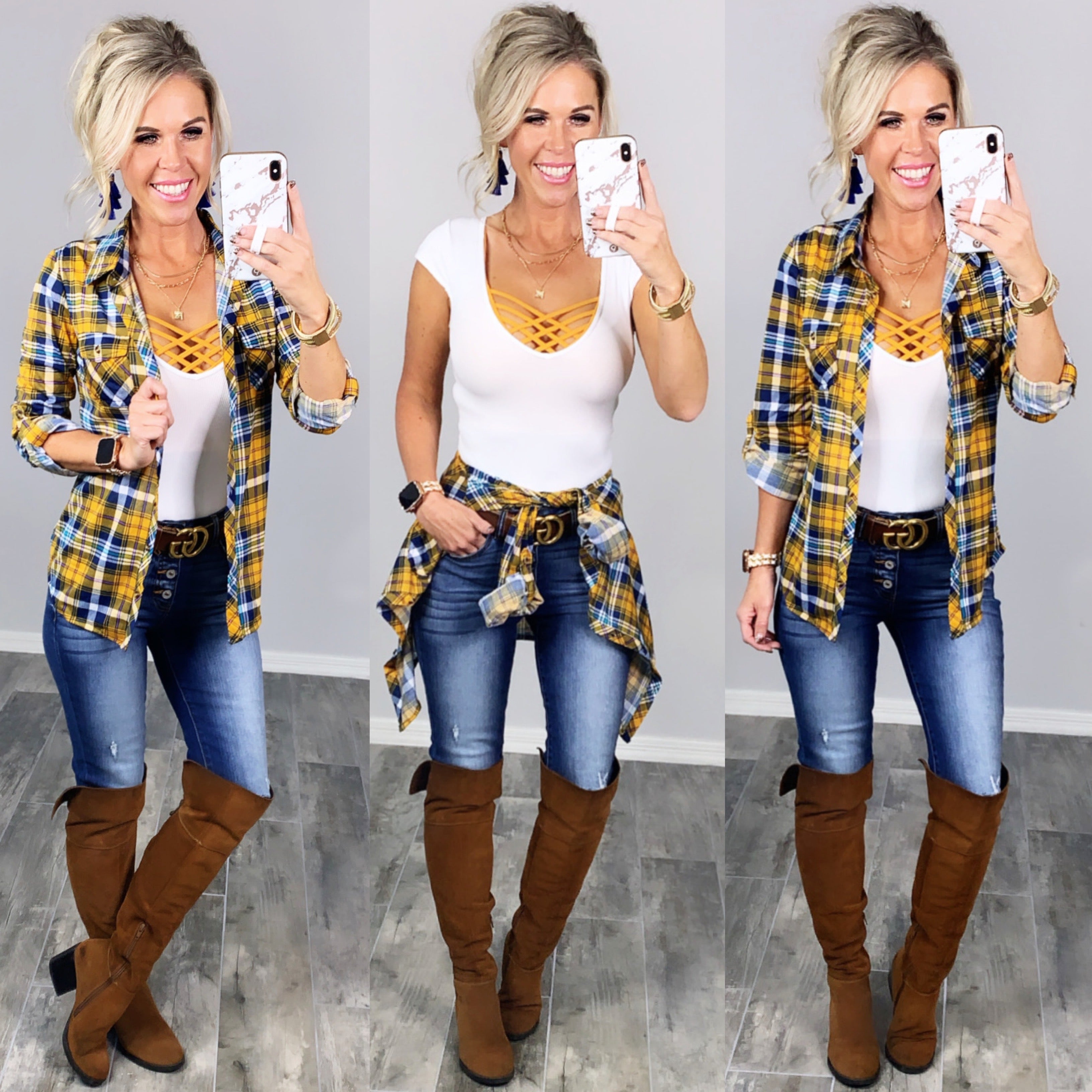 Penny Plaid Flannel Top - Mustard/Navy-flannel-privityboutique-Privity Boutique, Women’s Fashion Boutique in Mesa, Arizona