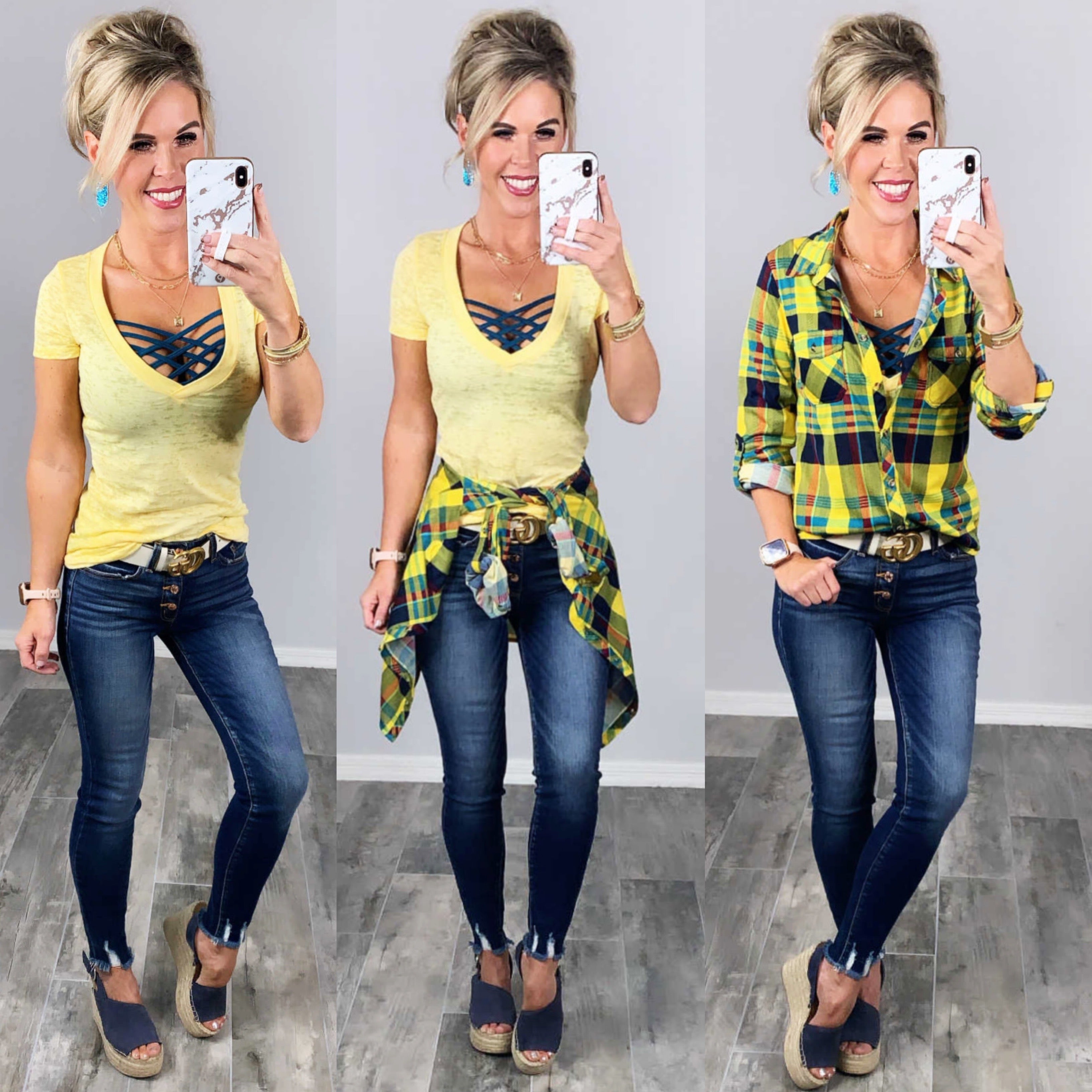 BASIC BURNOUT DEEP V-NECK TEE - LEMON-Top-privityboutique.com-Privity Boutique, Women’s Fashion Boutique in Mesa, Arizona