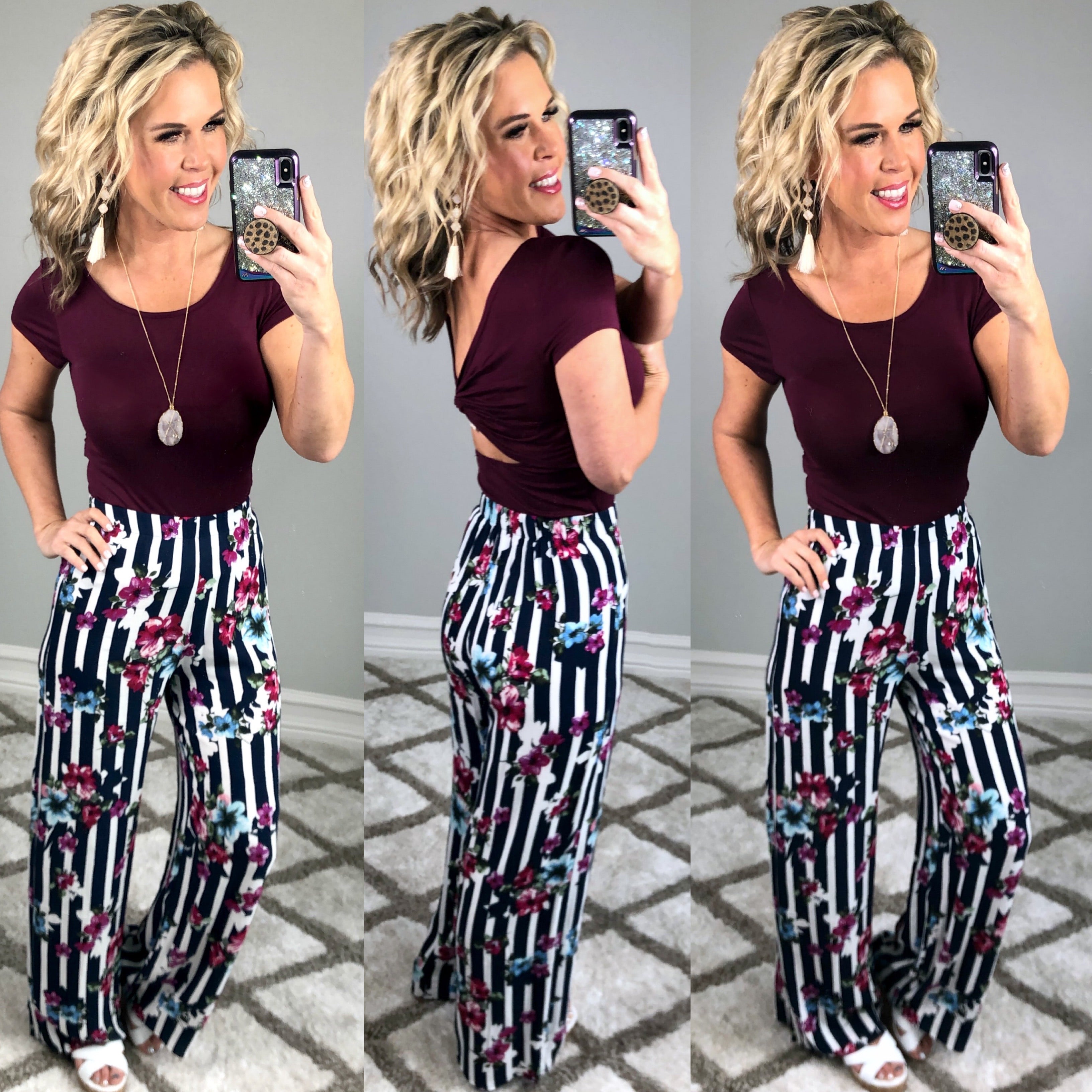 Striped with Floral Pants - Navy-palazzo-privityboutique.com-Privity Boutique, Women’s Fashion Boutique in Mesa, Arizona